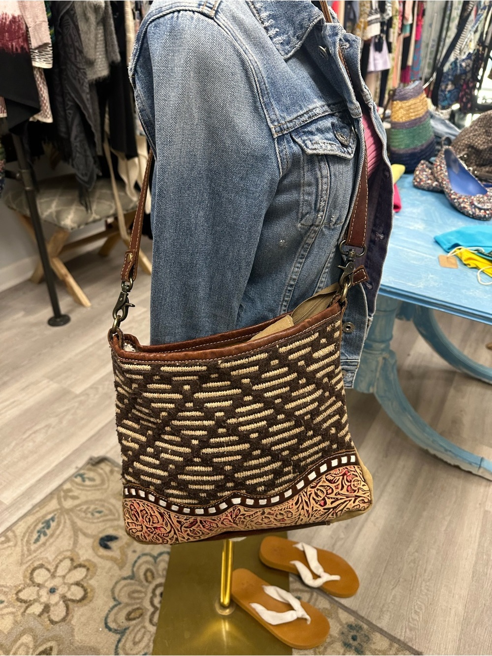 Myra Bag Woven & Tooled Leather Crossbody Boho Western Shoulder Bag